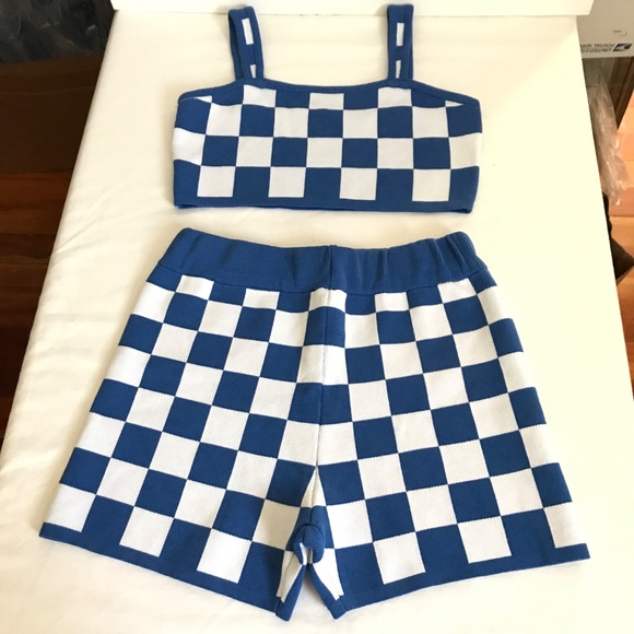 Knit Shorts Set Crop Top Knit Short Checks 2 Piece Shorts Set Blue Size Medium - Picture 3 of 16